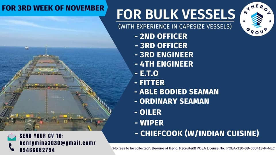 Cook, Wiper, Oiler, O/S, AB, Fitter, ETO, 4/E, 3/E, 3/O, 2/O For Bulk