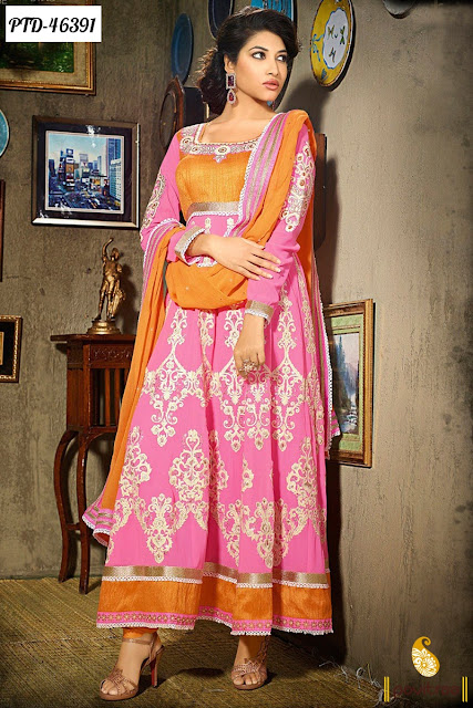 Buy pink color georgette anarkali salwar suit online for karva chauth and diwali festival with free shipping cahrges and pay COD in India
