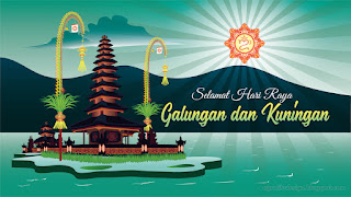 Green Balinese Hindu Holiday Greeting Selamat Galungan With Ulun Danu Temple