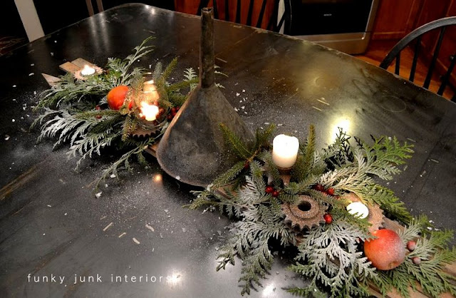 Oil funnel and rusty gear junk Christmas centrepiece via Funky Junk Interiors