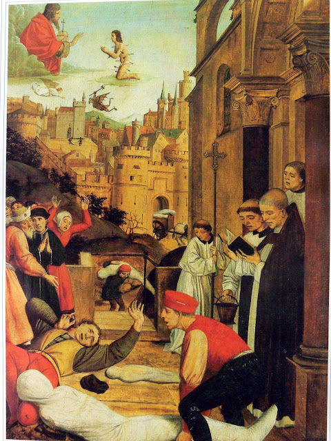 Aziz Sebastian, Justinianus Veba Salgını sırasında vebadan etkilenen bir mezar kazıcısının hayatı için İsa'ya yalvarır. (Josse Lieferinxe, 1497-1499 dolayları)