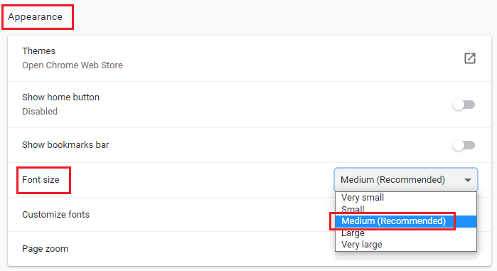 cambiar el tamaño de fuente predeterminado en Google Chrome