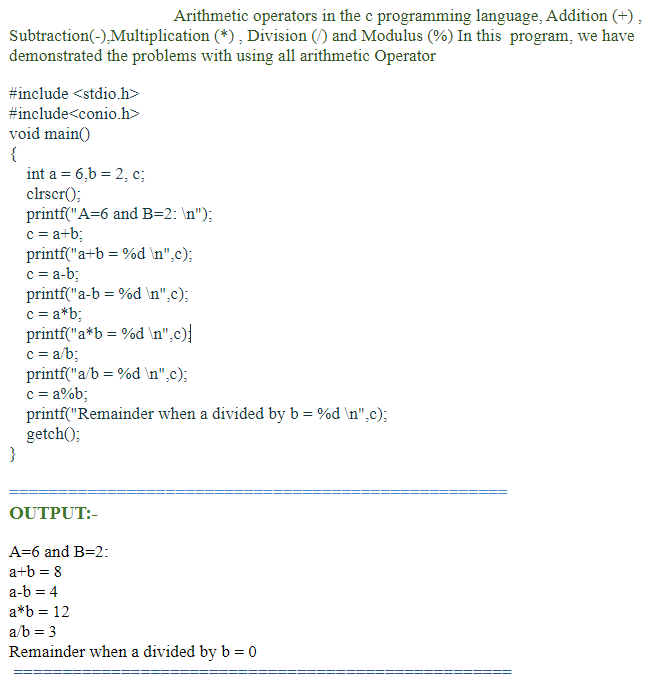 C Program To Demonstrate Arithmetic Operations
