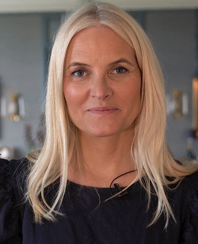 Crown Princess Mette-Marit wore a black, navy embroidery blouse, dress from Vilshenko