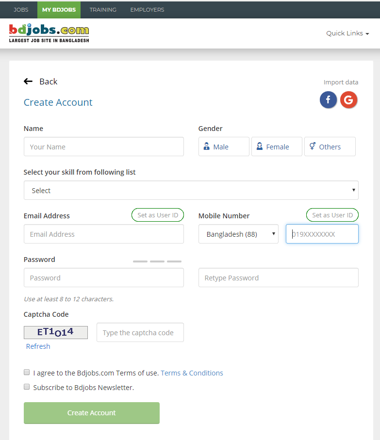 Bdjobs Create Account form