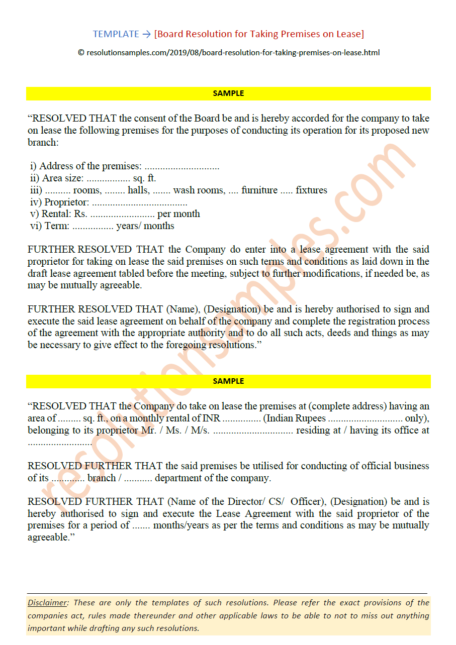 Format of Board Resolution for Taking Premises on Lease