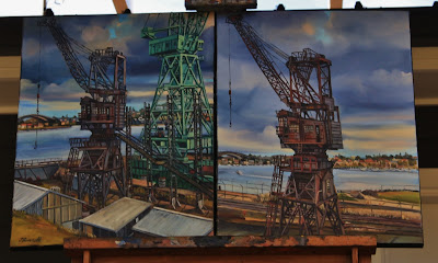 Plein air industrial painting of cranes at Cockatoo Island by industrial artist Jane Bennett