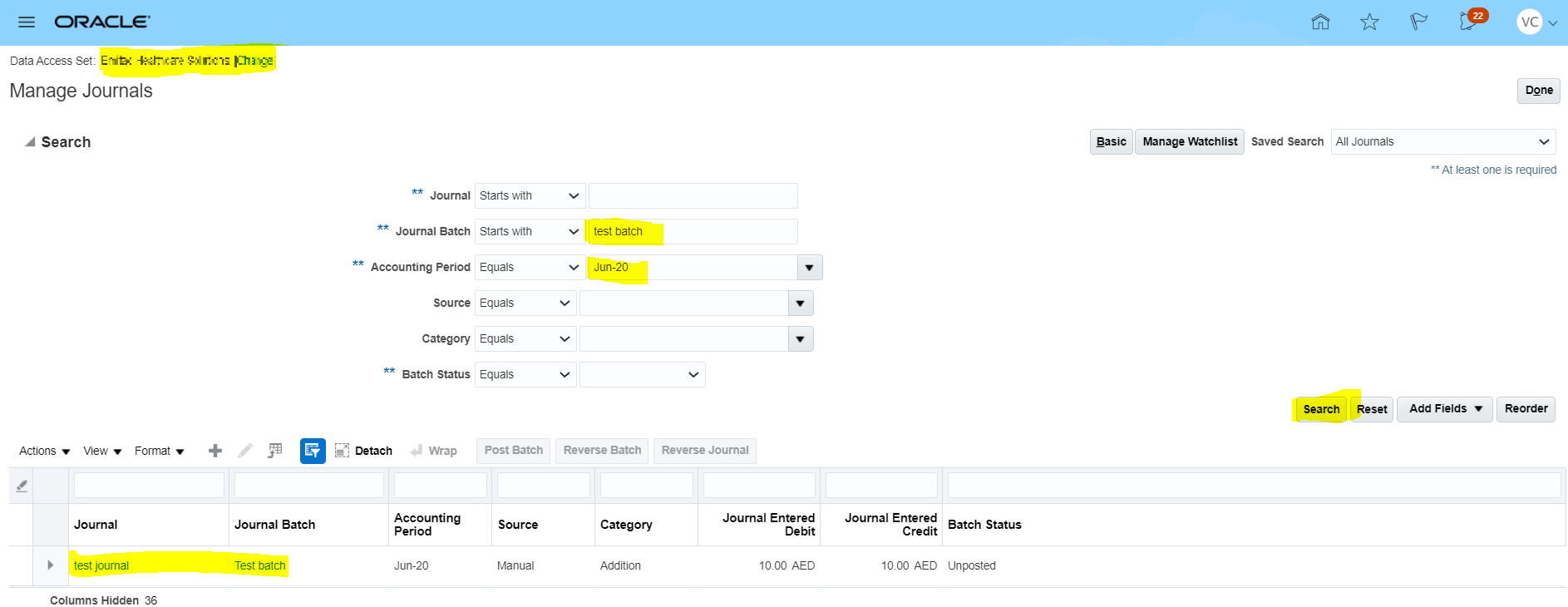 HSRoracentre How to delete Journal in Oracle cloud