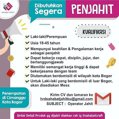 Lowongan kerja Operator Penjahit di Sahabat Craft Cimanggu Bogor