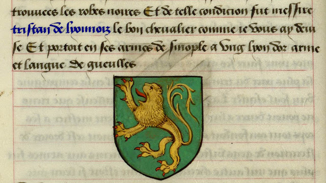 Manuscrit français Ms 329 - "Ce sont les noms, armes et blasons des chevaliers et compaignons de la Table ronde...." folio 27v (extrait) - date XVe siècle - Bibliothèque municipale de Lille