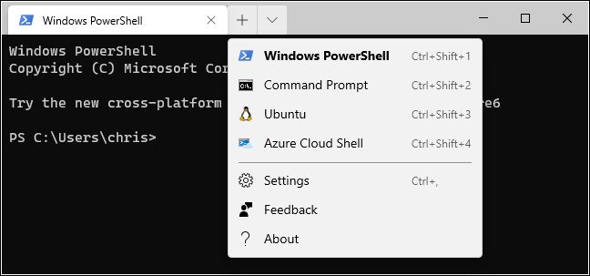 خيارات علامة تبويب جديدة في Windows Terminal.