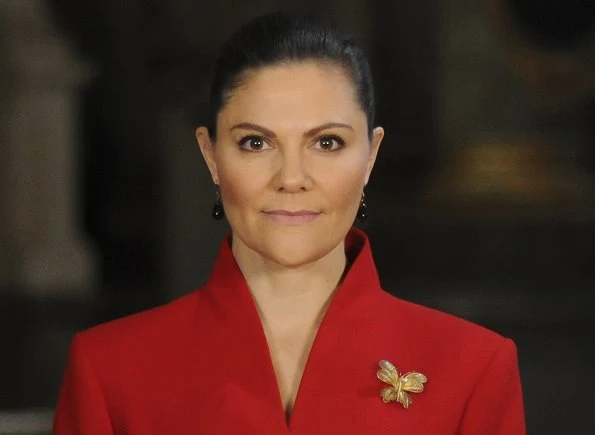 Crown Princess Victoria wore a bright red 1950s style peplum jacket from By Malina. Delpozo belted cotton peplum jacket. Tiger of Sweden coat