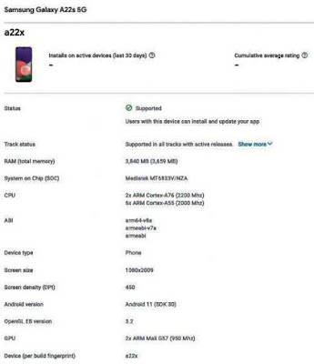 تسريبات جديدة لمواصفات هاتف Samsung Galaxy A22 على منصة Google play