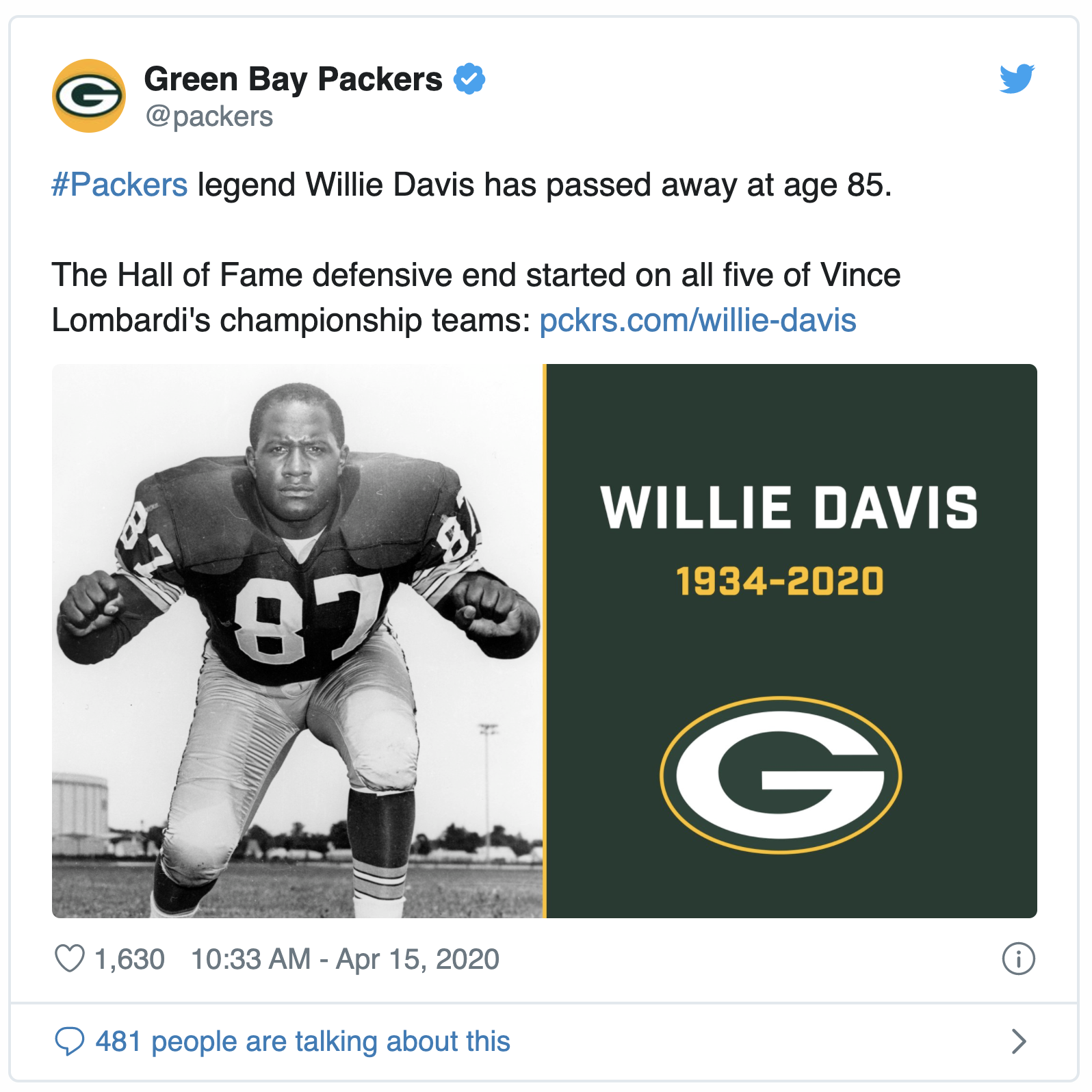 Willie Davis, 87 for the Green Bay Packers, dead 87days after the