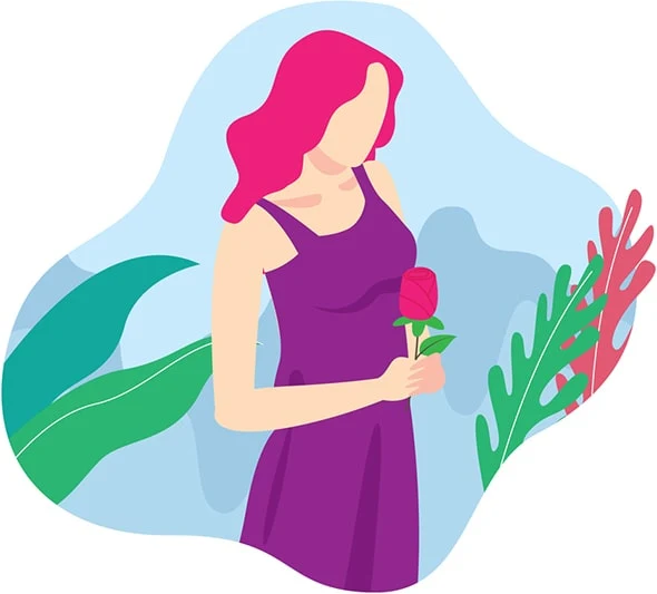 Ilustración de mijer con una rosa en la mano con fondo botánico celeste y varios verdes