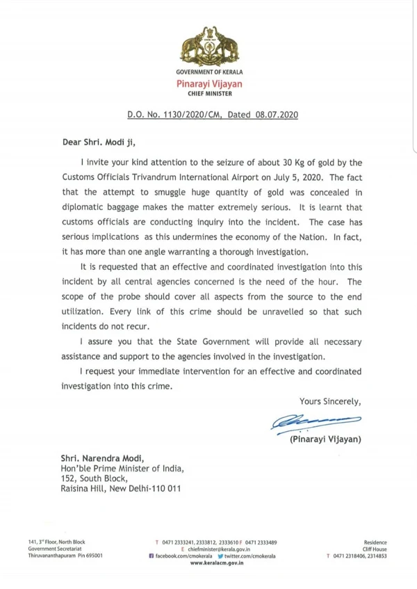 CM writes letter to PM seeking urgent intervention to conduct effective probe in gold smuggling case, Thiruvananthapuram, News, Prime Minister, Narendra Modi, Chief Minister, Pinarayi vijayan, Smuggling, Kerala