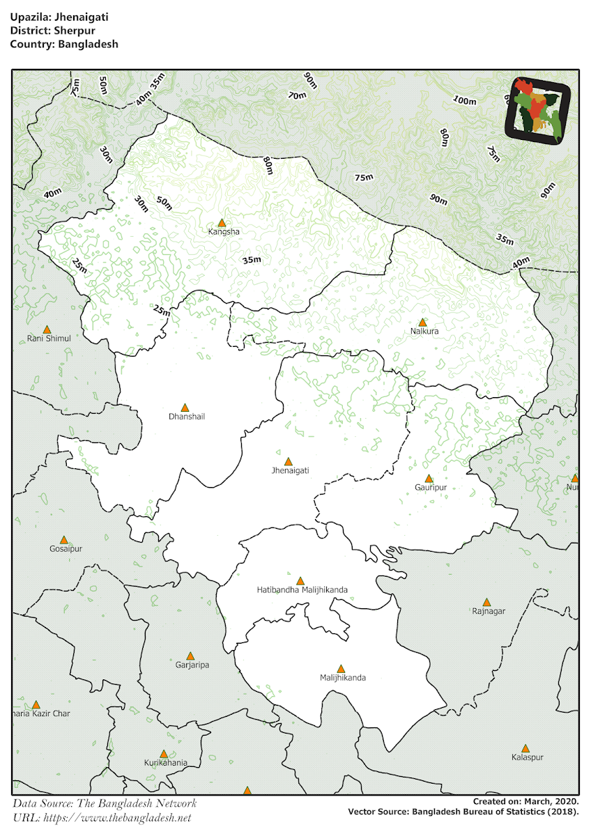 Jhenaigati Upazila Elevation Map Sherpur District Bangladesh