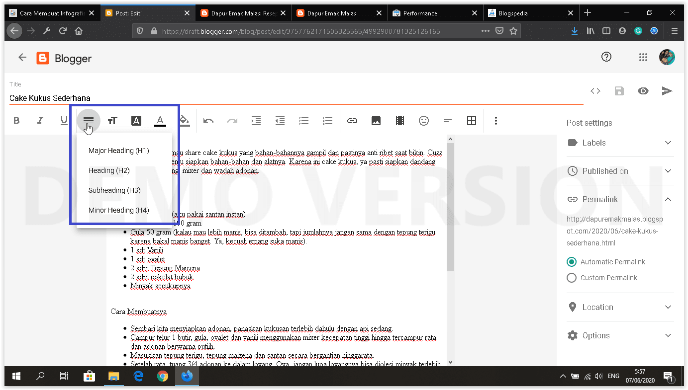 dashboard blogger baru setting heading
