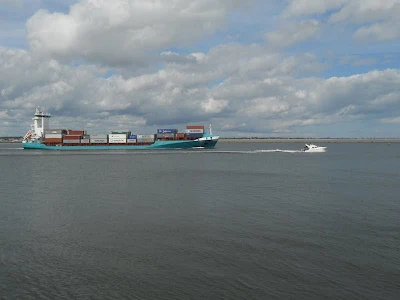 Container ships viewed from the Great South Wall in Dublin