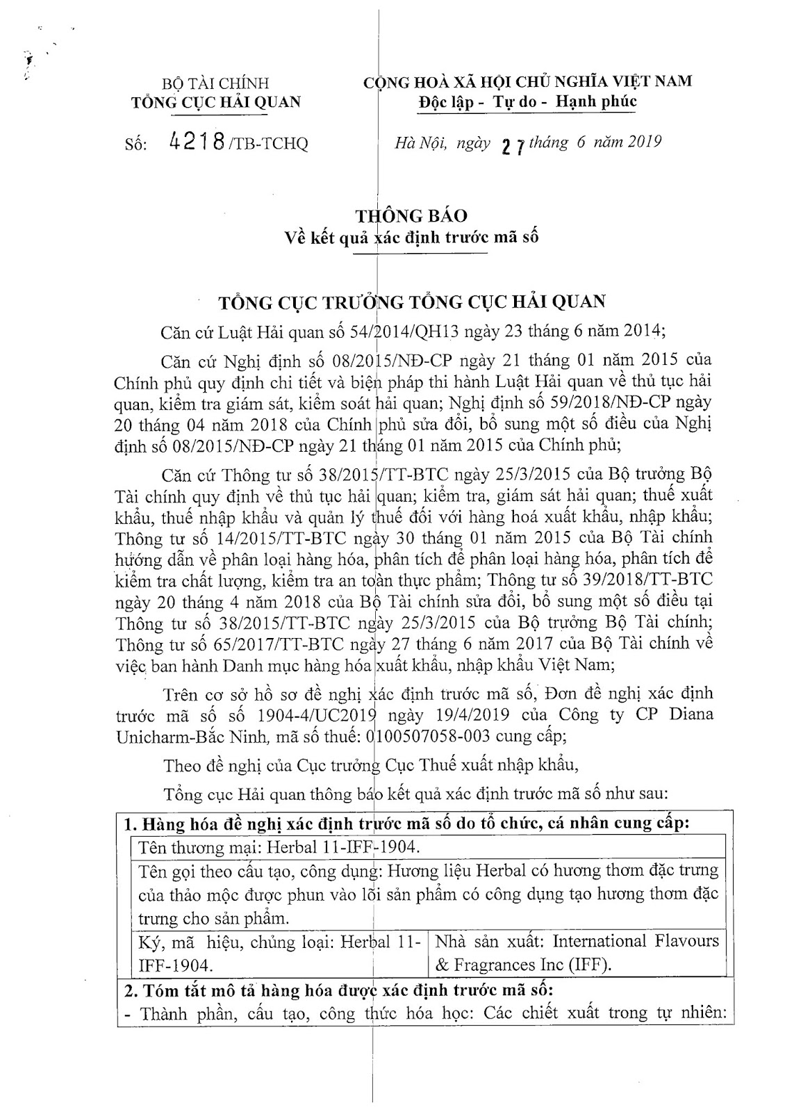 HS code 3302.90.00 Herbal 11IFF1904 Hương liệu Herbal