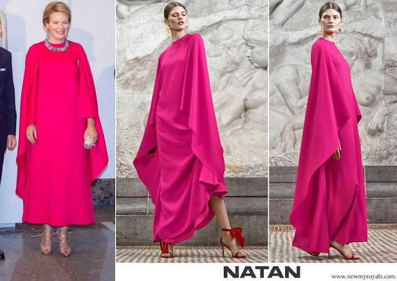 Queen Mathilde wore a red fuchsia silk gown from spring summer 2020 collection of Natan