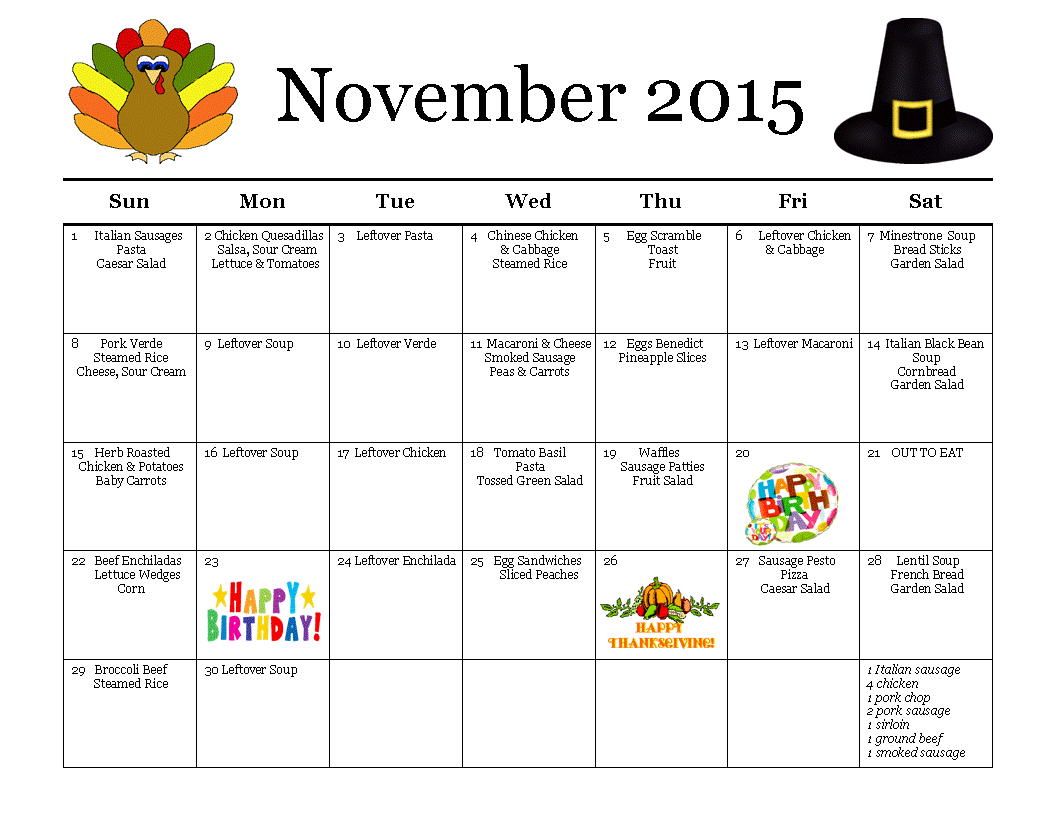Thrifty Mom In Boise Monthly Menu Planner November