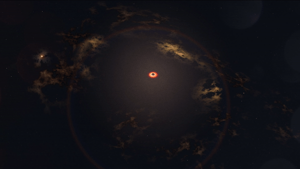 Impressão artística do buraco negro supermassivo liberando jatos de luz quando engole matéria da estrela