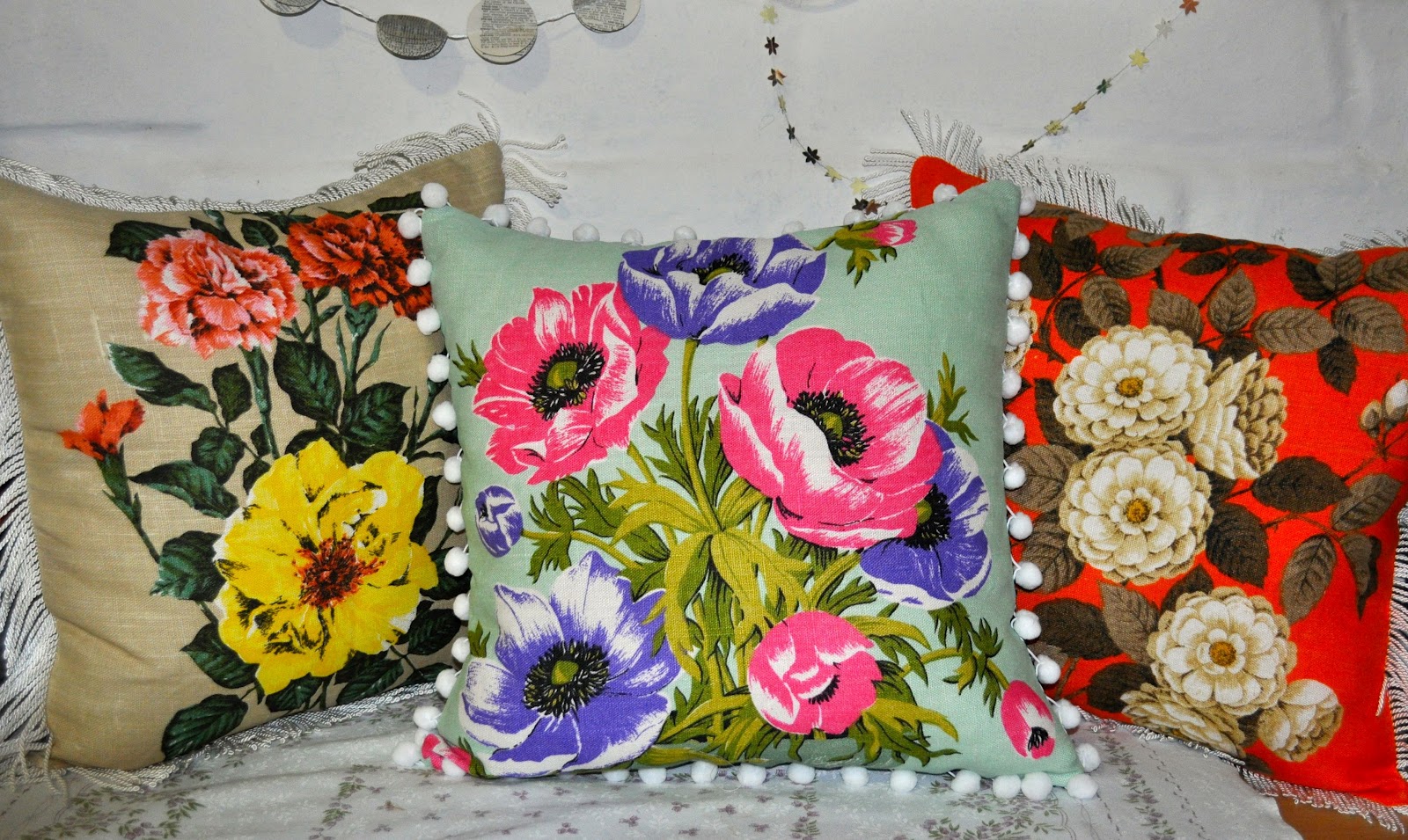 collecting feathers Vintage tea towel cushions
