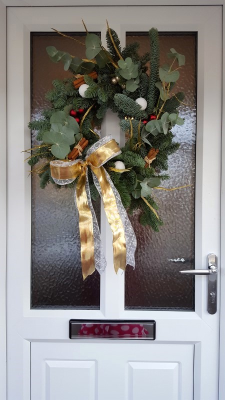 A handmade festive Christmas wreath.