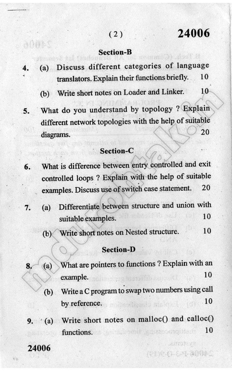 Fundamentals of Computer and Programming in C - Question Paper - B.Tech ...