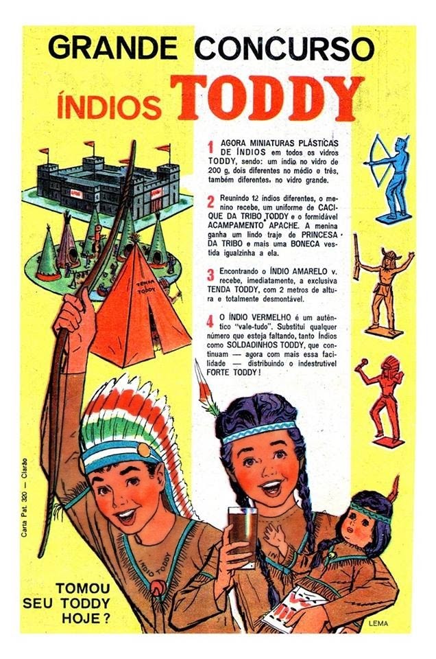 Propaganda do Toddy em 1967 com coleção de pequenos índios de plástico.