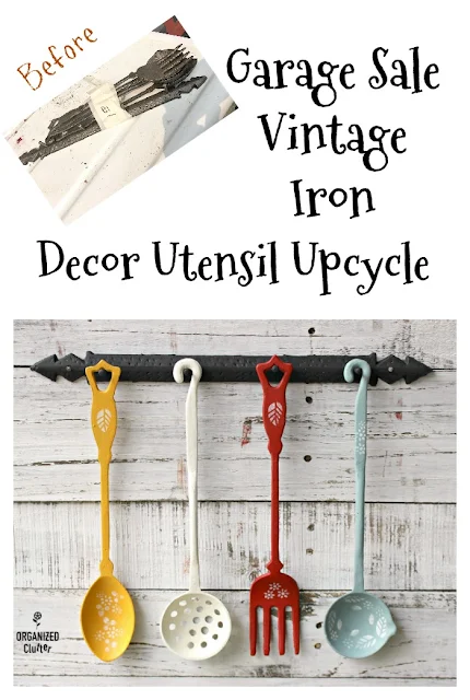 Garage Sale Vintage Iron Utensil Wall Decor Set Upcycle #upcycle #garagesalefinds #dixiebellepaint #stencil #utensil #kitchendecor