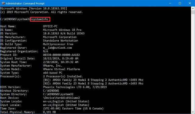 windows 10 systeminfo cmd