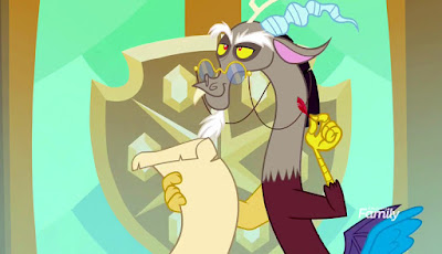 Discord, wearing glasses and consulting a scroll, gives a mischievous smile