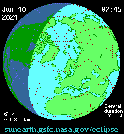 Mapa de visibilidade do Eclipse Solar de 10 de Junho de 2021