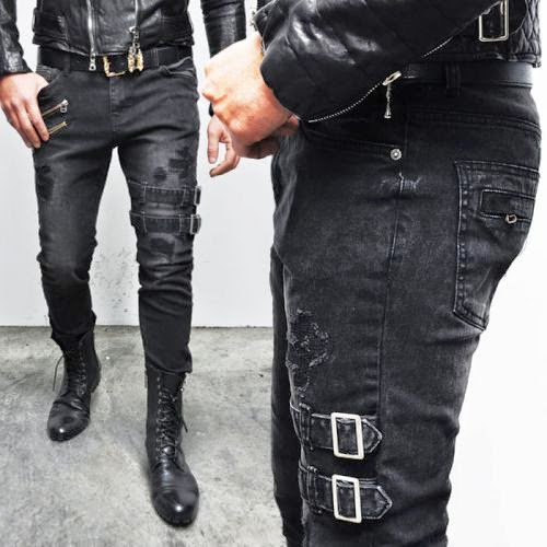 Mens Belted Rebel Grunge Black Slim Biker-Jeans 173 | Fast Fashion Mens ...