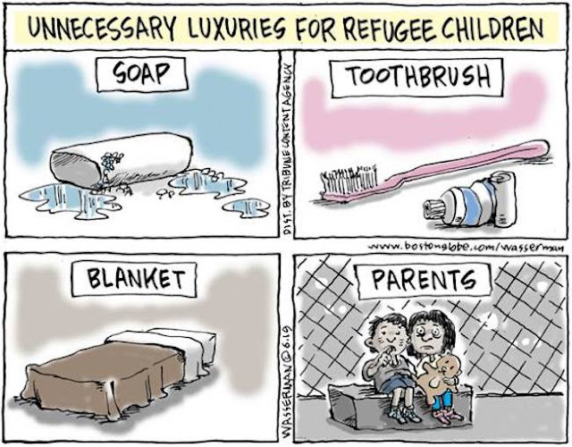 Title:  Unnecessary Luxuries for Refugee Children.  Image:  Soap, Toothbrush, Blanket, Parents.