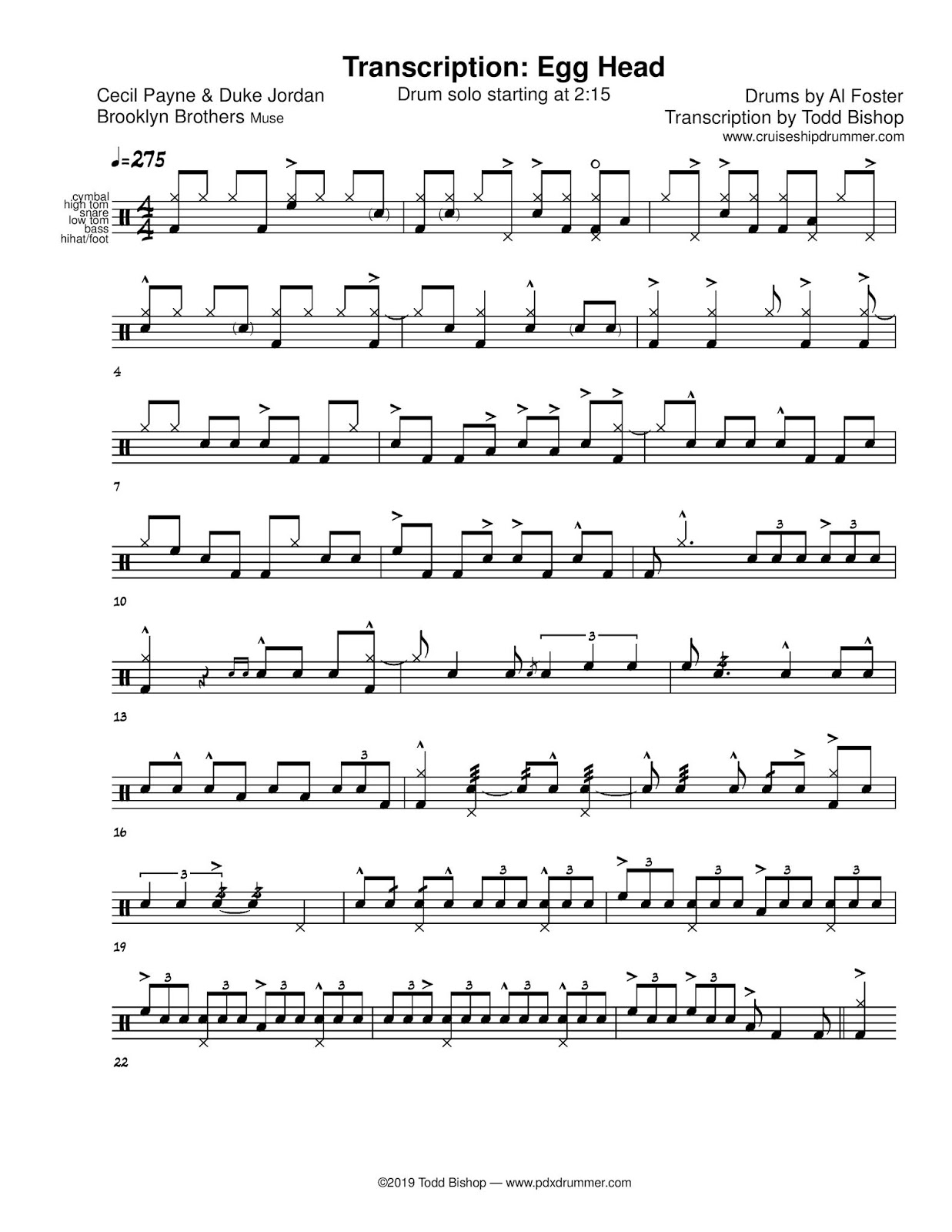Cruise Ship Drummer Transcription Al Foster Egg Head
