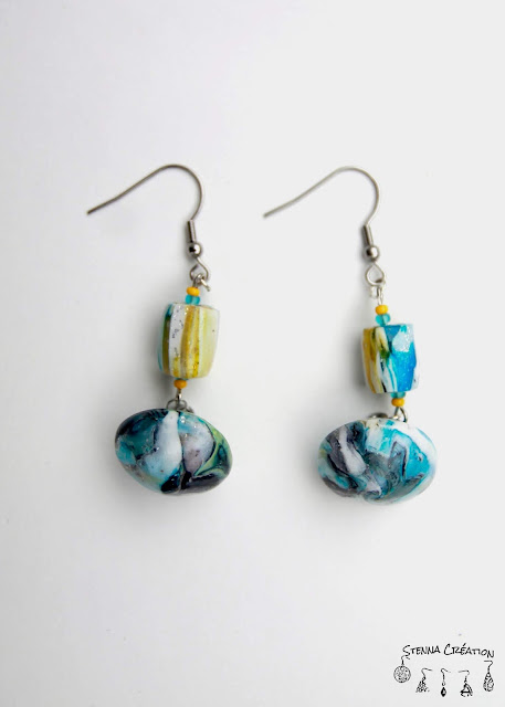 Boucles oreilles pâte polymère encre alcool pinata bleu jaune vert noir Stenna Création