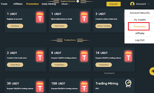 Bityard giveaway USDT and BYD Coin for new user