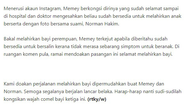 Test Memey Suhaiza Mohon Maaf Sebelum Bersalin