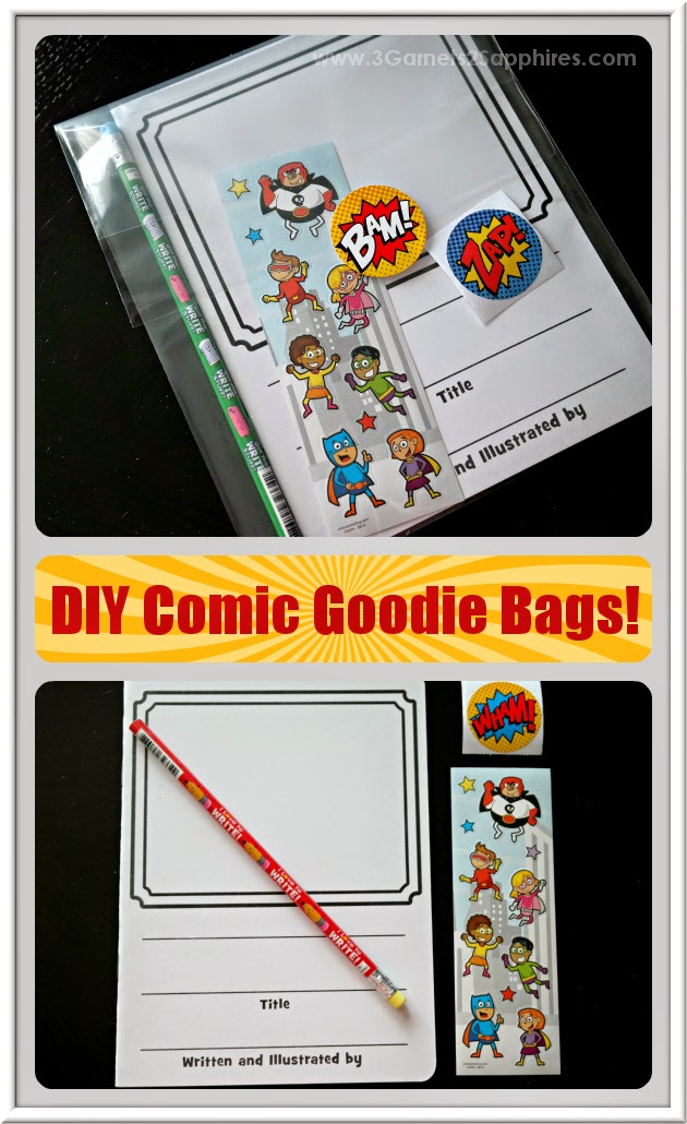 Make-your-own comic book writing activity goodie bags for classroom and birthday party favors  |  www.3Garnets2Sapphires.com