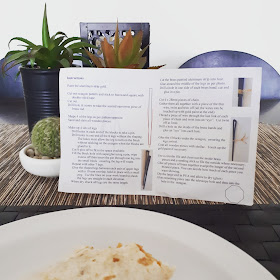 Burrito on a plate. Behind the plate is a set of instructions propped up by several fake succulents (including a knitted cacti: that no one will probably notice unless they read the alt text!)