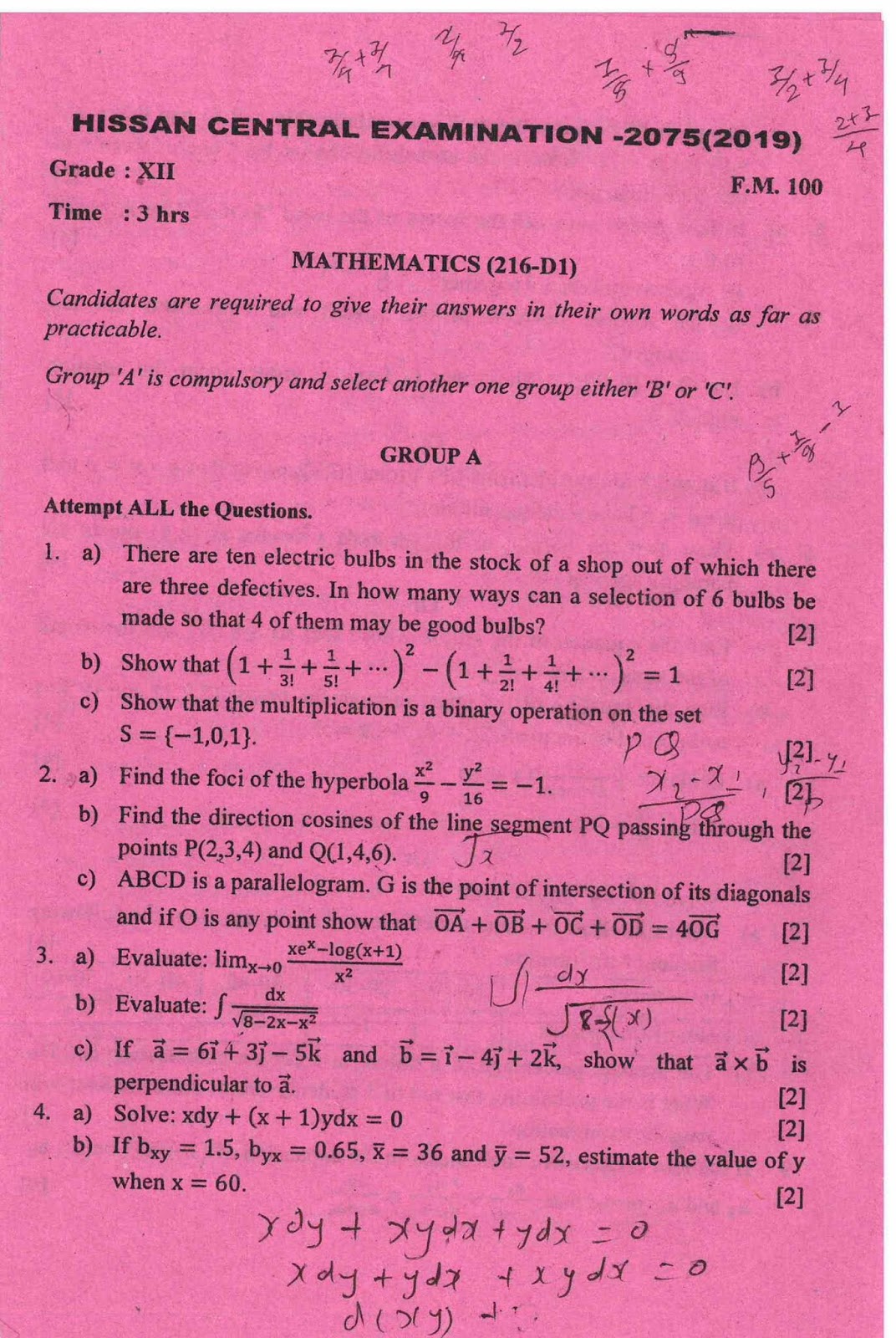 Class 12 Mathematics Question Paper -2019, Hissan Central examination