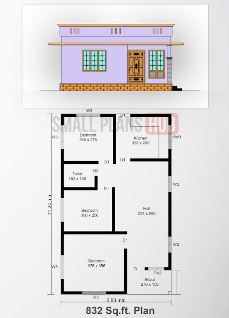 Three Bedroom Residence 832 sq.ft. (77.32 sq.mtr.)