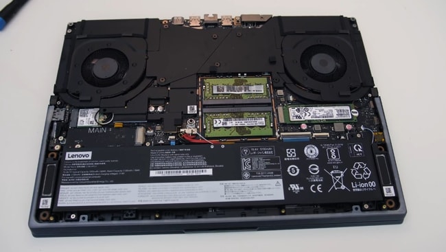 The bottom panel is removed from the Lenovo Legion 7i to let you see the CPU and GPU chip.