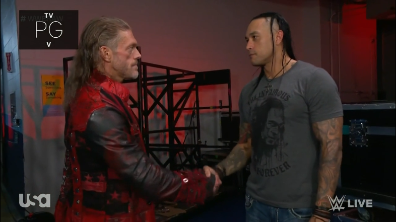 Edge met up with Damien Priest in the back and they shook hands. 