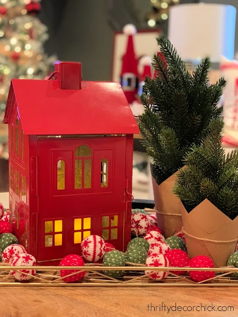 Red metal Christmas house candle