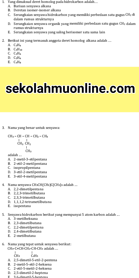 Soal Kimia Kelas XI Bab 1 Senyawa Hidrokarbon