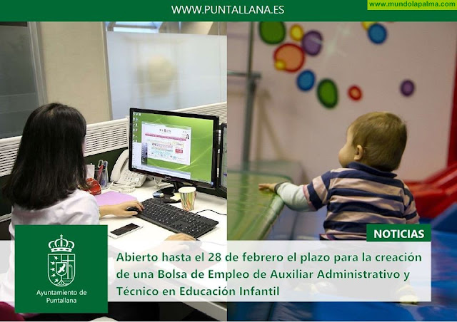 Puntallana abre el plazo para la creación de una Bolsa de Empleo de Auxiliar Administrativo y Técnico en Educación Infantil